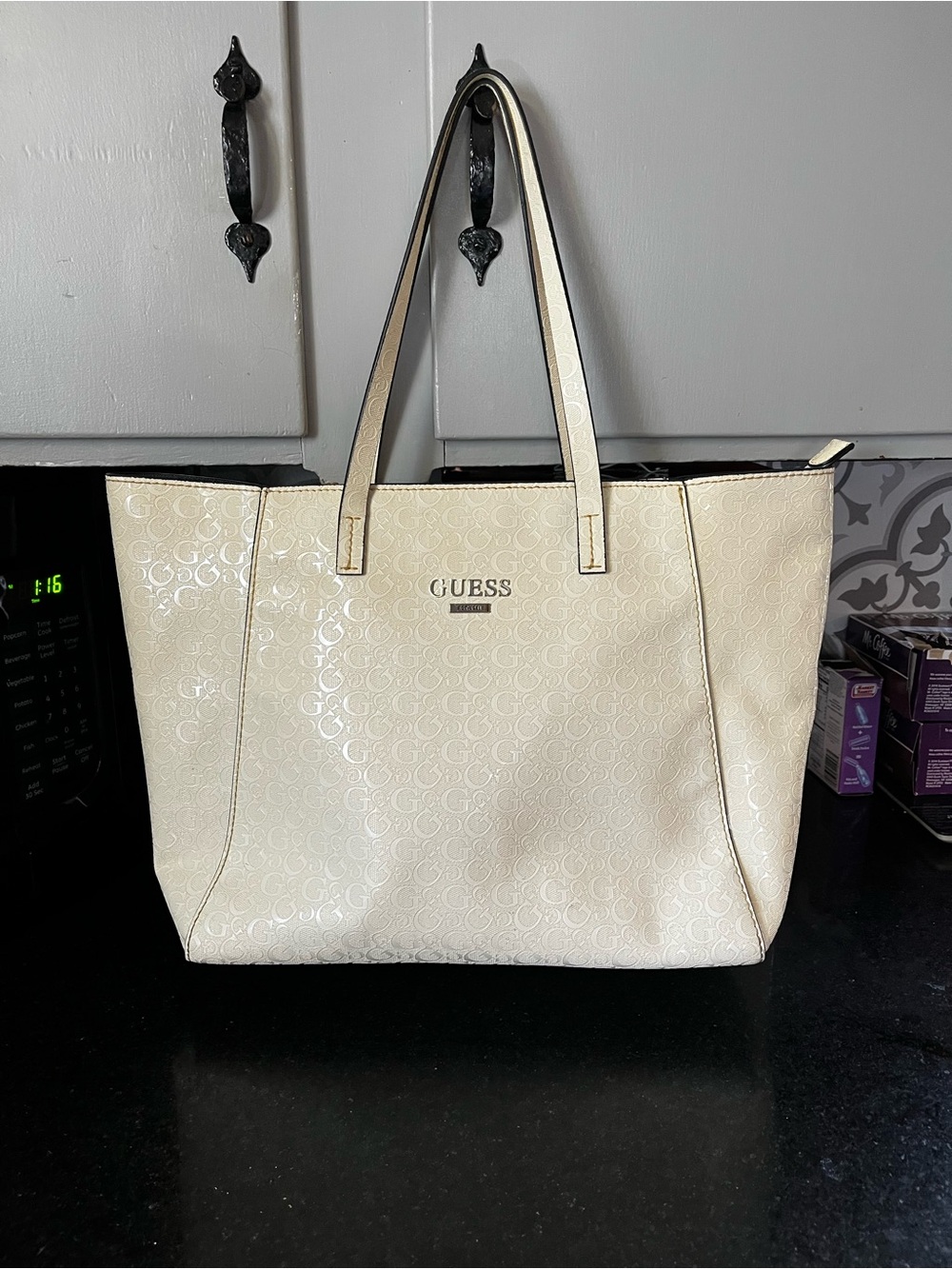 GUESS Cream Logo-Print Tote